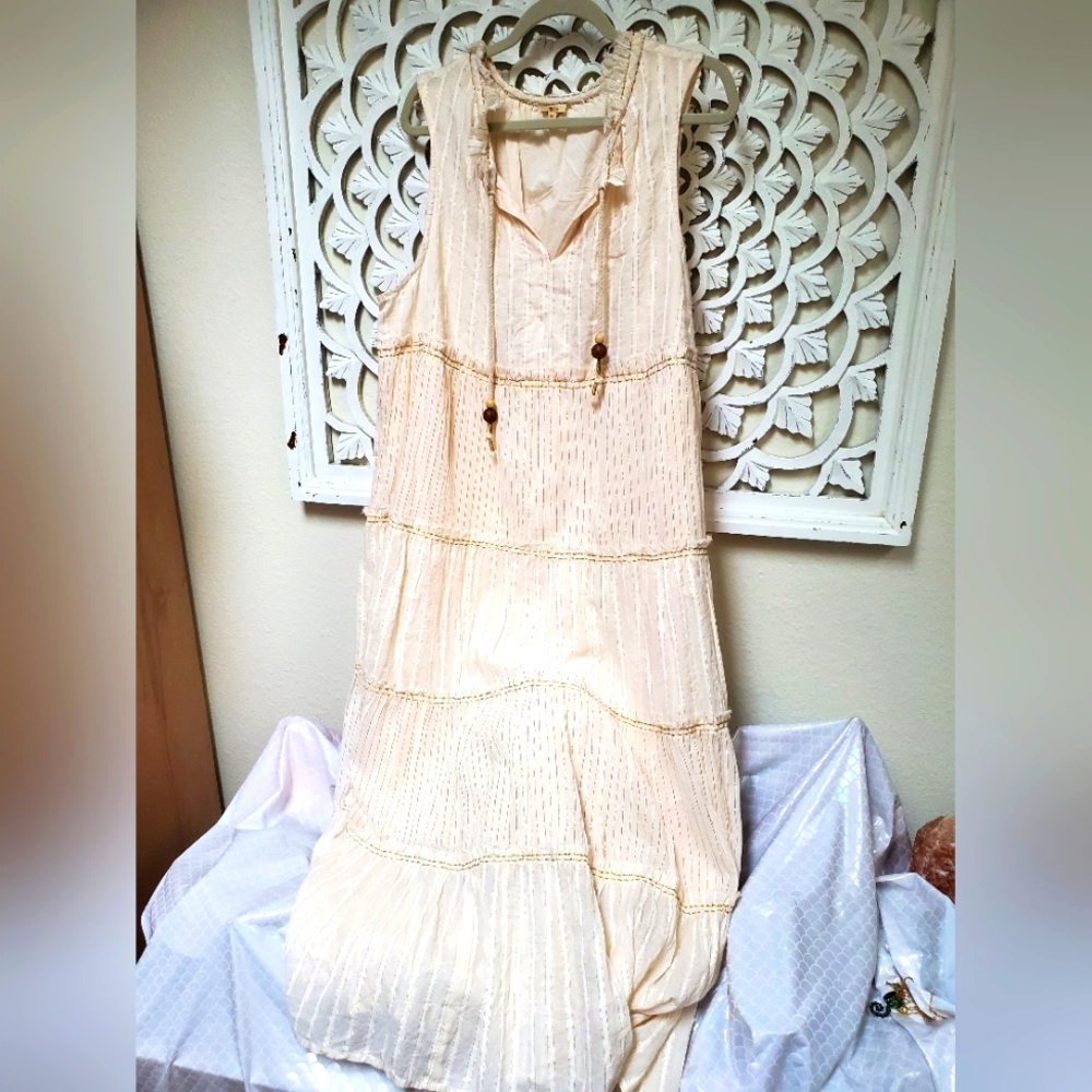 Reba Vintage Ikat Ivory Dress NWT Cream And Gold Maxi XL